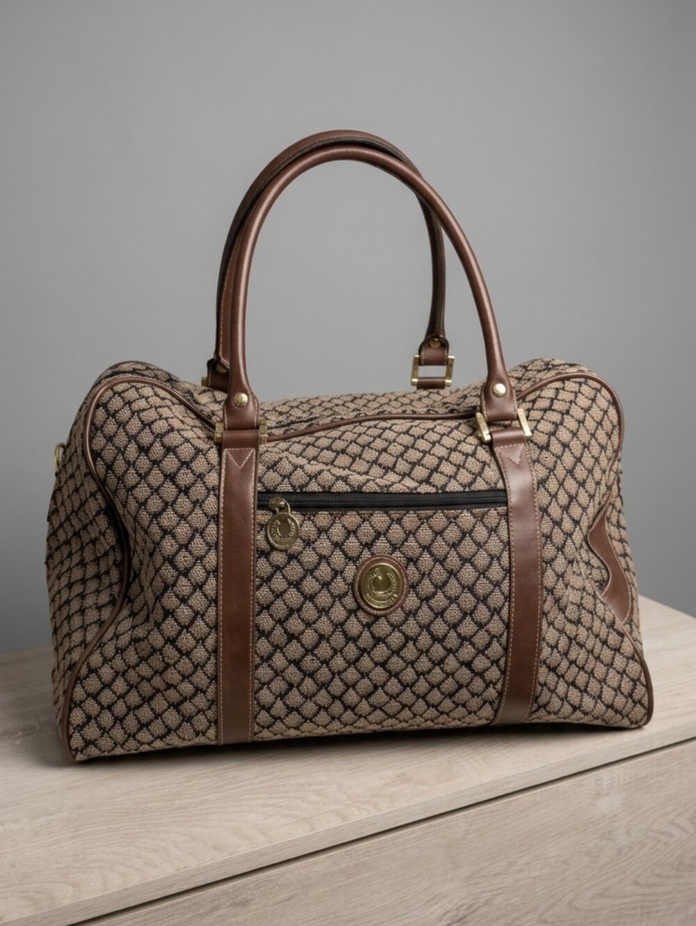 Beautiful Vintage ALFRED SUNG Tan & Brown Patterned Travel Duffel